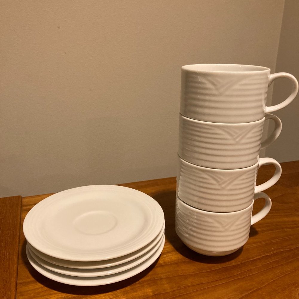 Noritake Arctic white cups and saucers set of 4. 4 sets available NEW